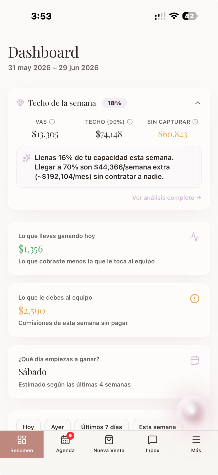 Vista previa del dashboard de Tety en móvil